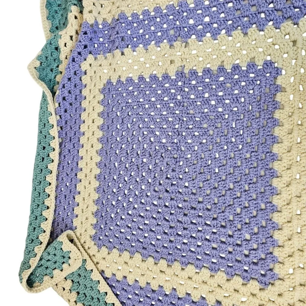 VTG Crochet Handmade Knit Throw Lap Blanket Muted Tone Green Purple Grannysquare